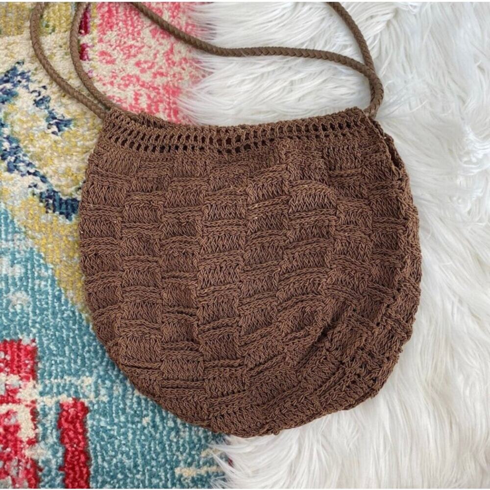 Vintage No Brand Neutral Brown Boho Knit Shoulder Bag Purse - Picture 4 of 5